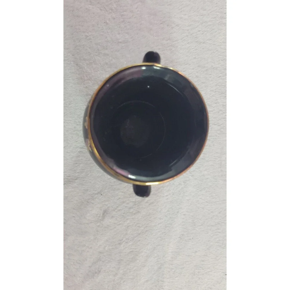 VTG Asian Double-Handle Porcelain Black Vase Gold-Trim Butterfly Floral 4
